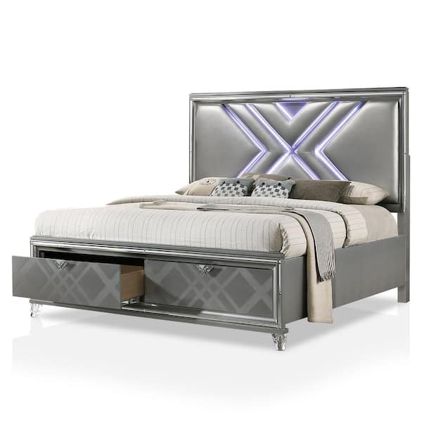 Furniture of America Rusconi Silver Wood Frame King Platform Bed with Lighted Headboard and Drawers