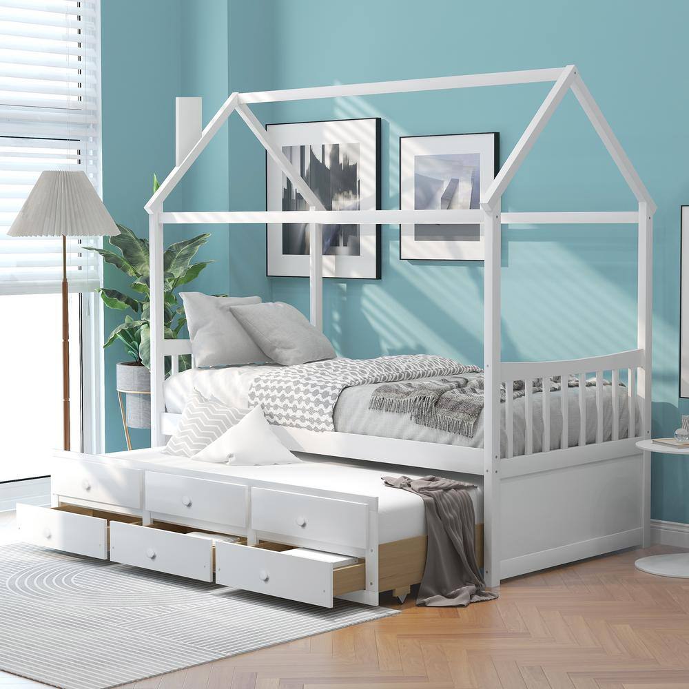 Harper & Bright Designs White Twin Size Wooden House Bed with Chimney Design, Trundle, and 3
