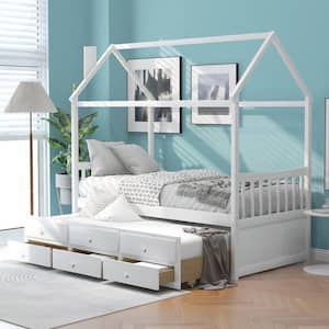White Twin Size Wooden House Bed with Chimney Design, Trundle, and 3-Storage Drawers