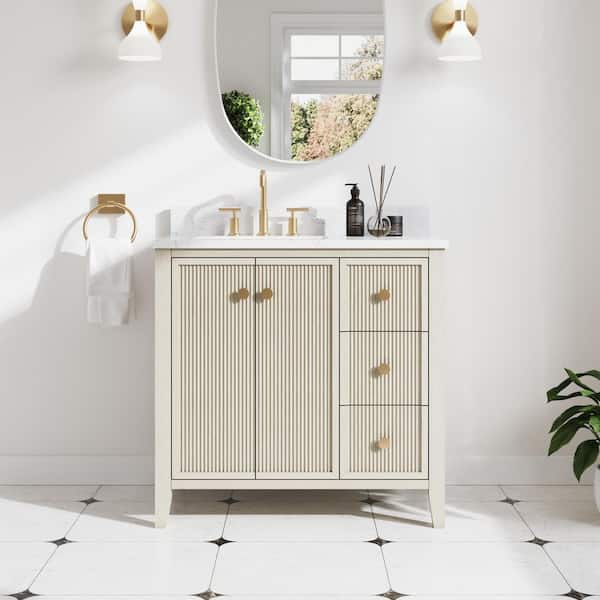 36 in. W Single Sink Solid Wood Bath Vanity in ASH with White Engineered Quartz Top, Soft-Close