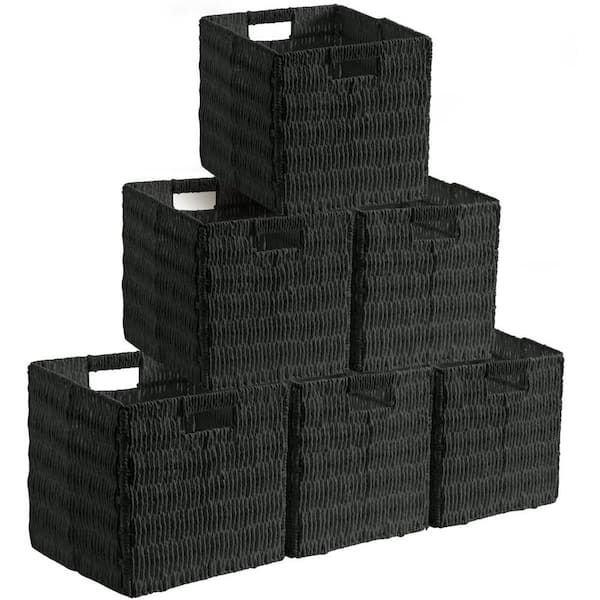 Ornavo Home Black, 13 in. x 13 in. Paper Wicker Storage Decorative Baskets with Handles, Set of 6