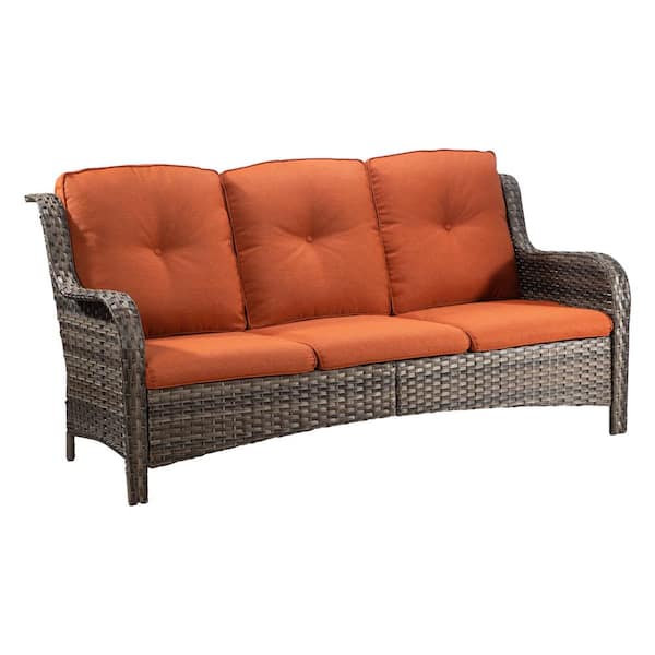 INMITOM 3-Seat Wicker Outdoor Patio Sofa Sectional Couch with Orange Cushions