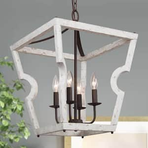 Modern Farmhouse Weathered White Wood Island Chandelier, 4-Light Rustic Lantern Cage Chandelier with Candlestick Holder