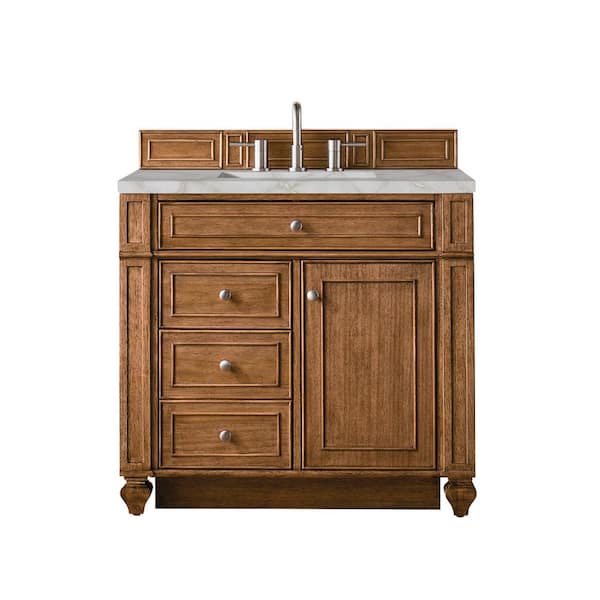Bristol 36.0 in. W x 23.5 in. D x 34.0 in. H Single Bathroom Vanity in Saddle Brown with Victorian Silver Quartz Top
