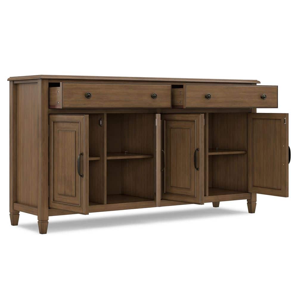 Angled view of the rustic natural aged brown sideboard with open drawers and doors.