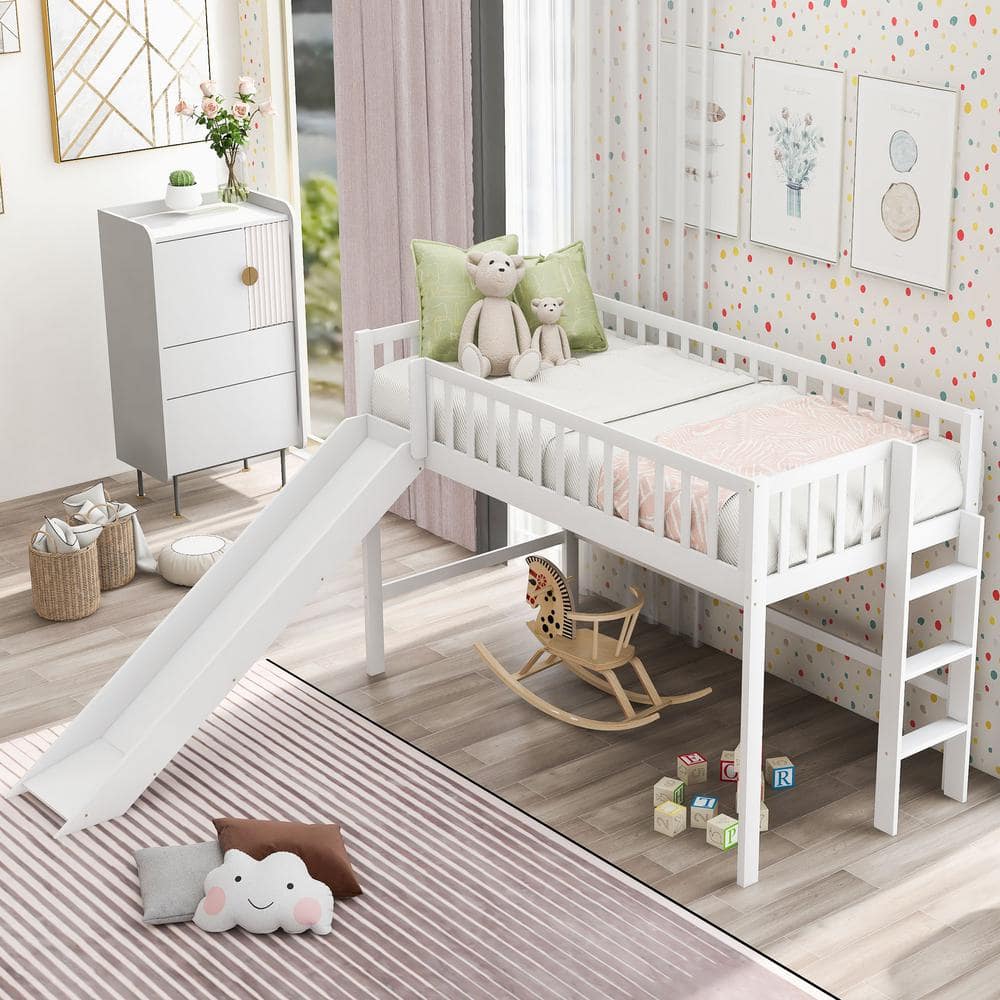 ANBAZAR White Modern Twin Size Low Loft Bed with Slide, Wood Kids