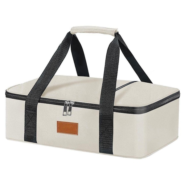 Beige Insulated Casserole Carrier Bag for 9 x 13 Dish Hot Cold Food Travel Picnic Party Durable Nylon Zip Pockets