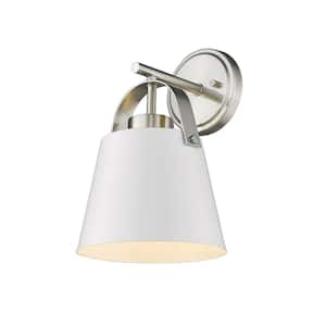 Z-Studio 8 in. 1-Light Matte White + Brushed Nickel Wall Sconce-Light with Steel Shade