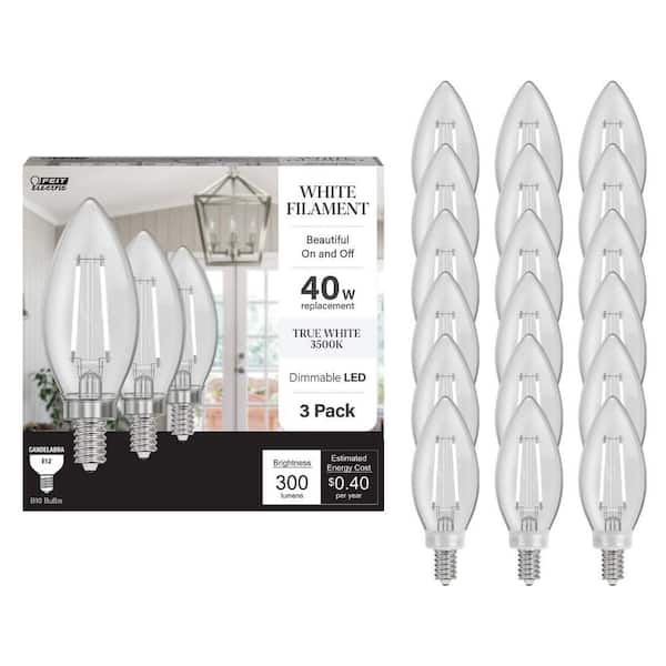 40-Watt Equivalent B10 E12 Candelabra Dim White Filament Clear Glass Chandelier LED Light Bulb True White 3500K 18-Pack