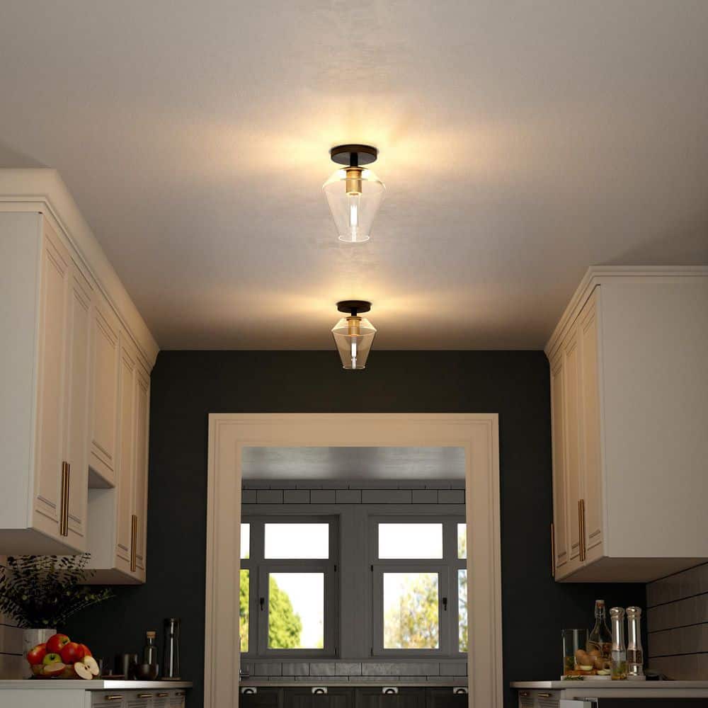 Remy 7" Matte Black and Brass Semi Flush Mount with Glass Shade