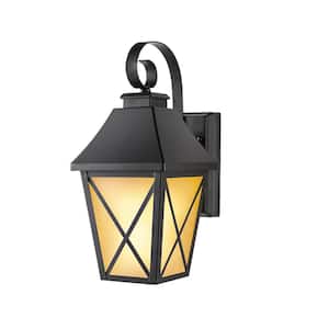 1-Light Midnight Black Integrated LED Outdoor Flicker Flame Effect Decorative Selectable Color Lantern Sconce Wall Light