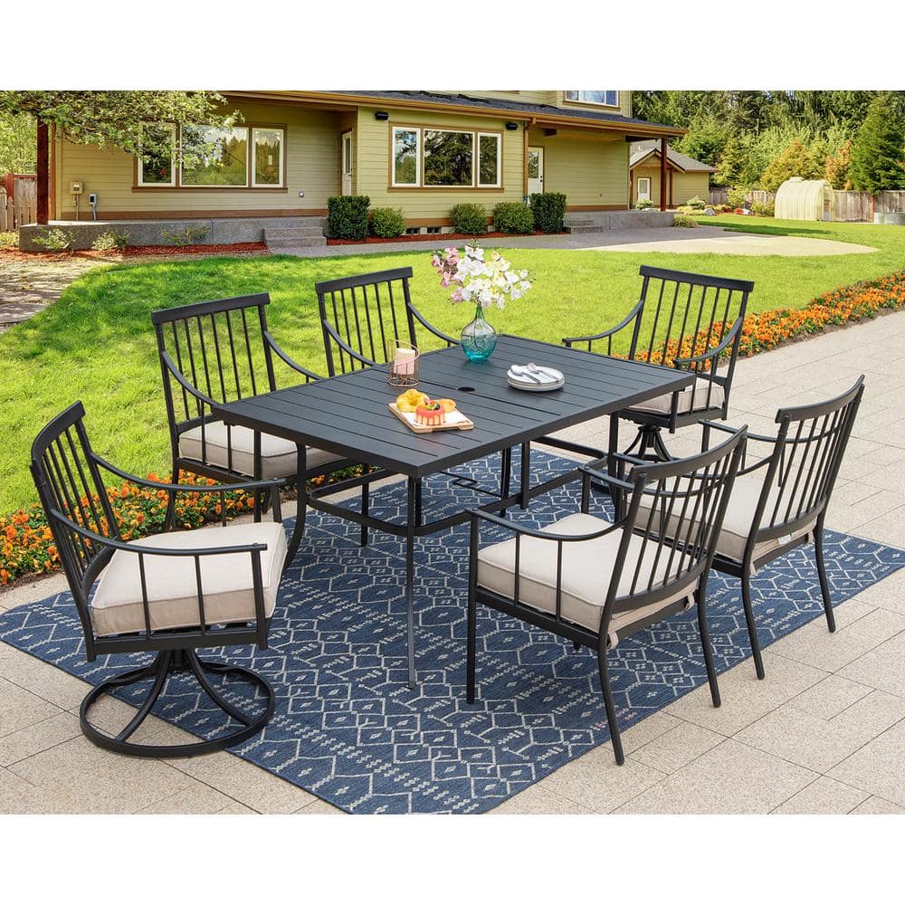 Black 7-Piece Metal Patio Outdoor Dining Set with Rectangle Table and Swivel Chairs with Beige Cushion price history on PriceWatchPro