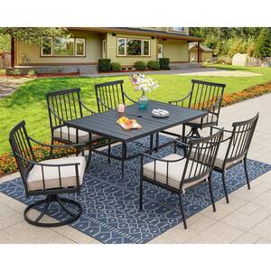 Black 7-Piece Metal Patio Outdoor Dining Set with Rectangle Table and Swivel Chairs with Beige Cushion