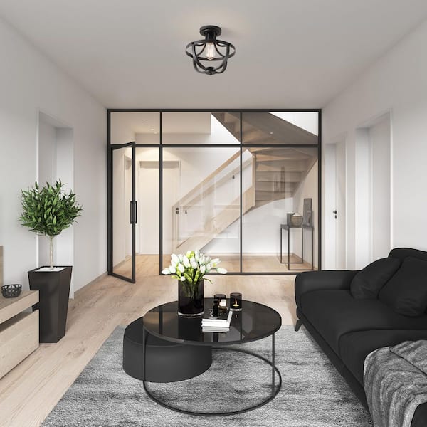12 in. 1-Light Matte Black Semi-Flush Mount Ceiling Light