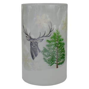 10 in. Gray Deer Pine and Snowflakes Hand Painted Flameless Glass Christmas Candle Holder