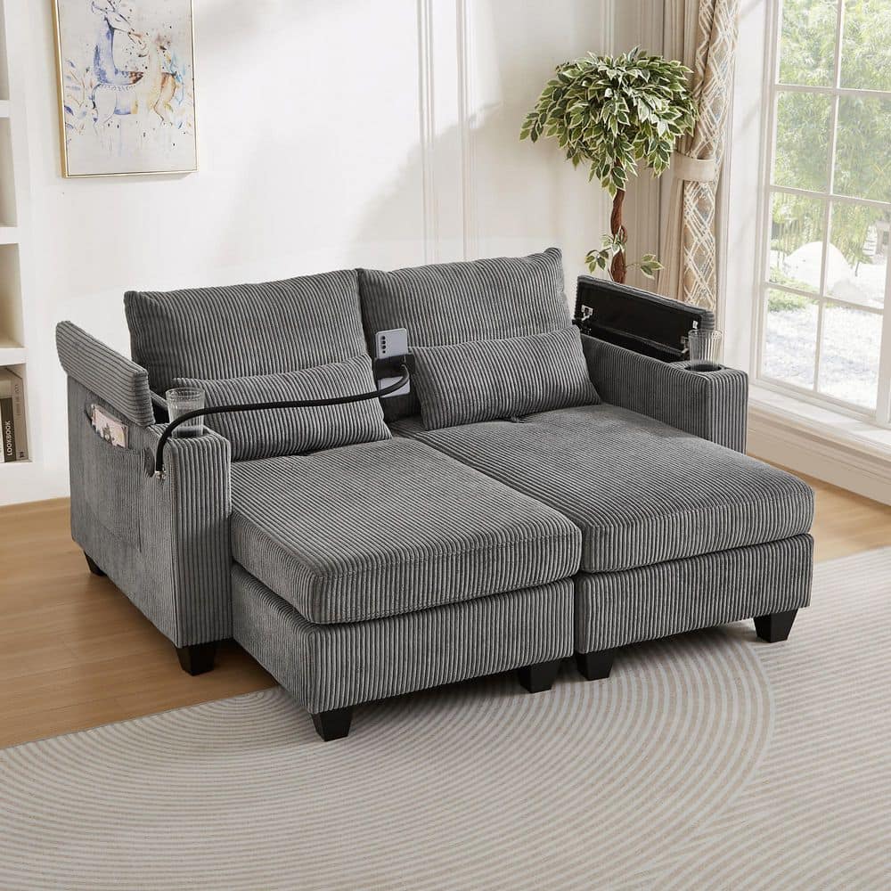 Harper & Bright Designs Gray Corduroy Polyester Convertible Chaise ...