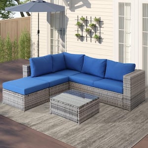 B23 Gray Wicker Outdoor Sectional Set with Blue Cushions