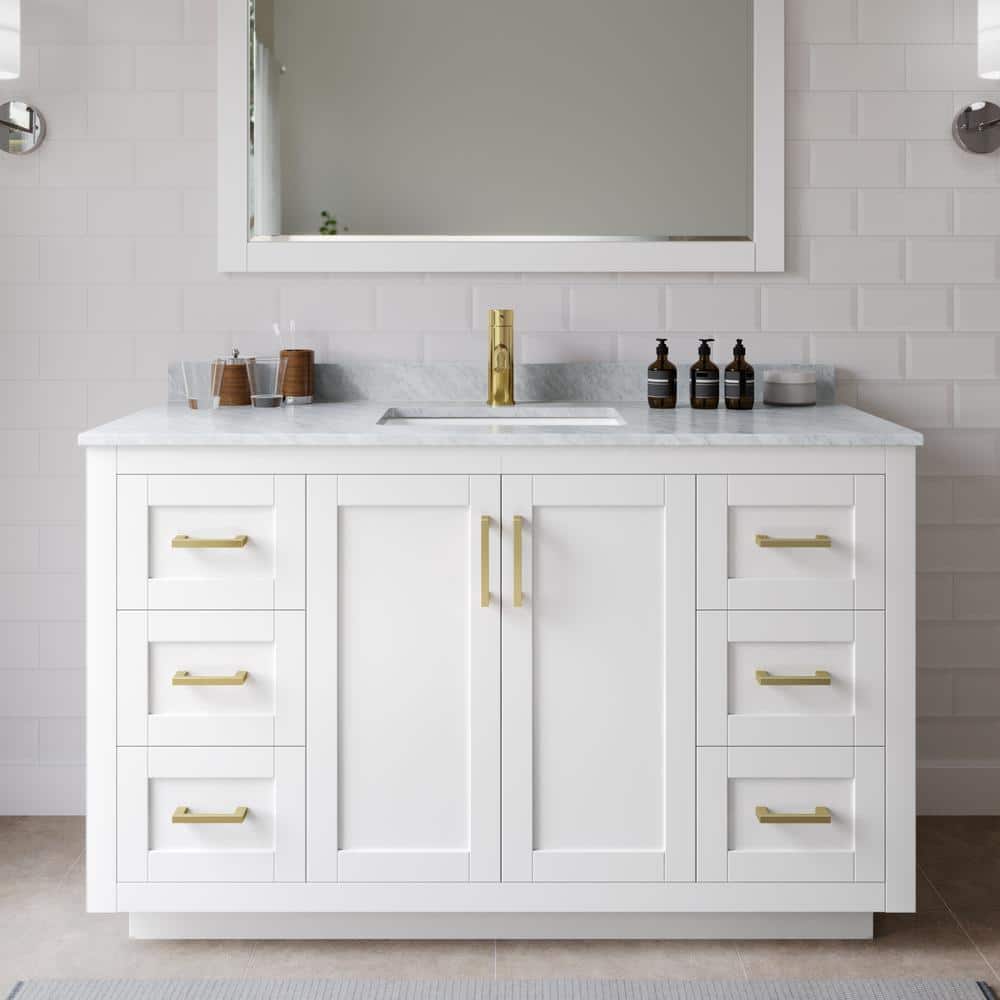 Miranda 54 in. W x 22 in. D x 33.75 in. H Single Sink Bath Vanity in White with White Carrara Marble Top and Mirror price history on PriceWatchPro