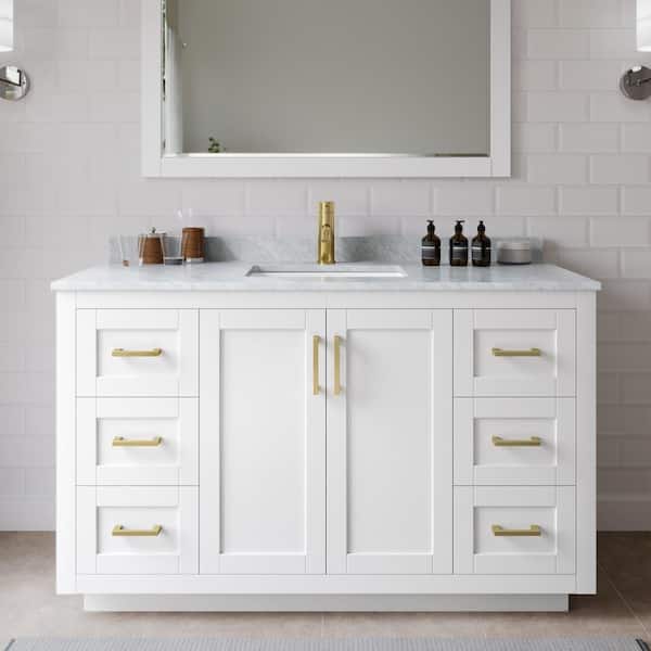 Wyndham Collection Miranda 54 in. W x 22 in. D x 33.75 in. H Single Sink Bath Vanity in White with White Carrara Marble Top and Mirror