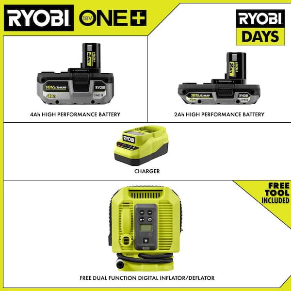 RYOBI ONE+ 18V HIGH PERFORMANCE Kit w/ 4.0 Ah Battery, 2.0 Ah