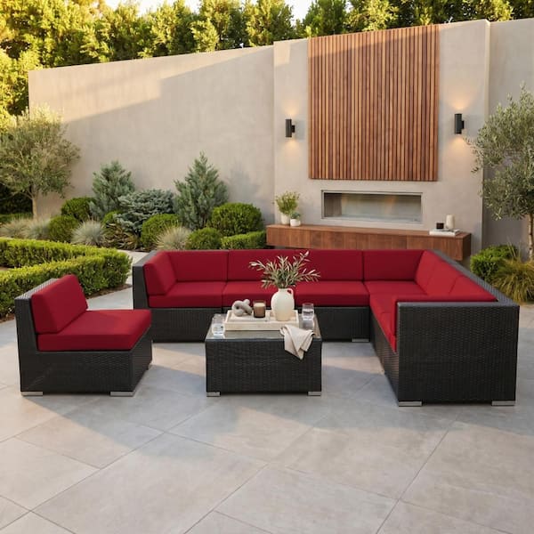 Black 8-Piece Wicker Patio Seating Set with Sunbrella Jockey Red Cushions