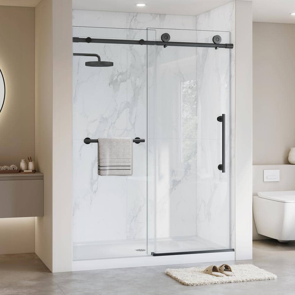 55-60 in. W x 76 in. H Single Sliding Frameless Shower Door in Matte Black with 5/16 in. (8mm) Clear Tempered Glass price history on PriceWatchPro