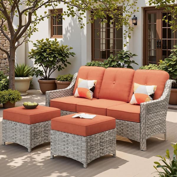 Toject Eureka Grey 3-Piece Modern Wicker Outdoor Patio Conversation Sofa Seating Set with Red Cushions
