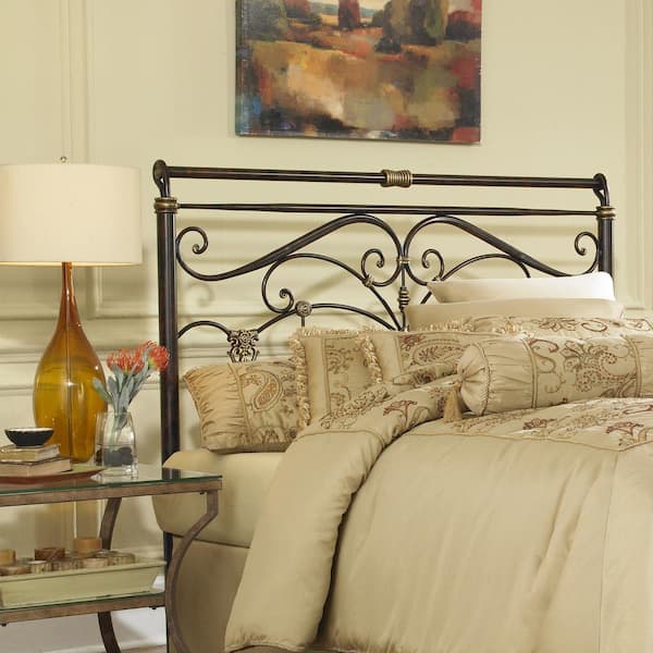 Fashion Bed Group Lucinda California King-Size Metal Headboard with Intricate Scrollwork and Sleighed Top Rail Panel in Marbled Russet