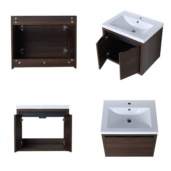 23.62 in. Wall-Mounted Walnut Bath Vanity with White Resin Sink Top Unassembled