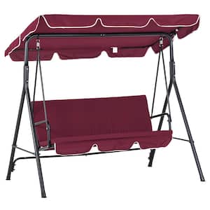 3-Person Metal Wine Red Color Patio Swing Chair with Removable Cushion, Steel Frame Stand, Adjustable Tilt Canopy