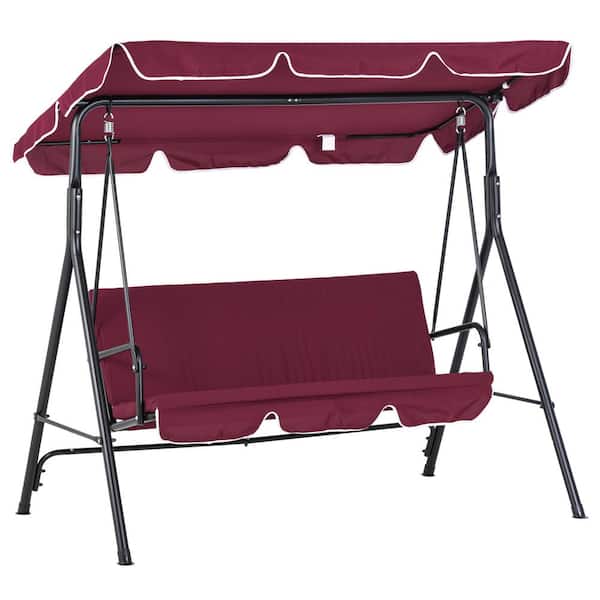 Huluwat 3-Person Metal Wine Red Color Patio Swing Chair with Removable Cushion, Steel Frame Stand, Adjustable Tilt Canopy