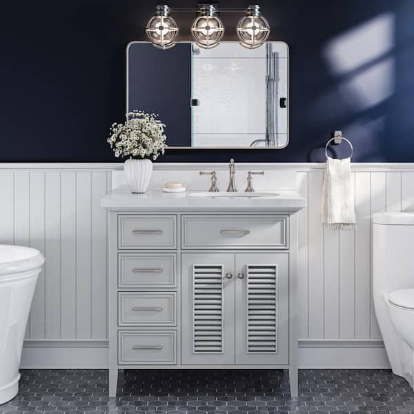 ARIEL Kensington 37 in. W x 22 in. D x 36 in. H Freestanding Bath Vanity in Grey with Pure White Quartz Top