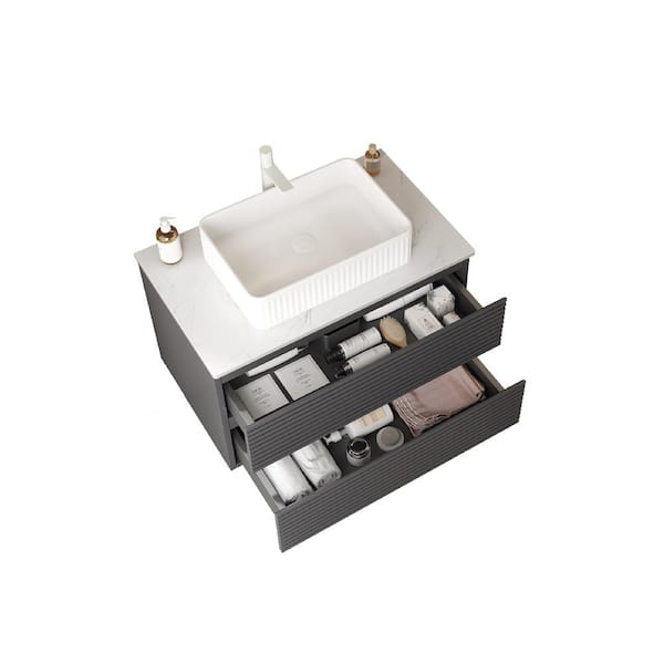 Baye 29.92 in. W Floating Gray Single Sink Bath Vanity w/ White Ceramic Sink and White Engineered Marble Top Unassembled