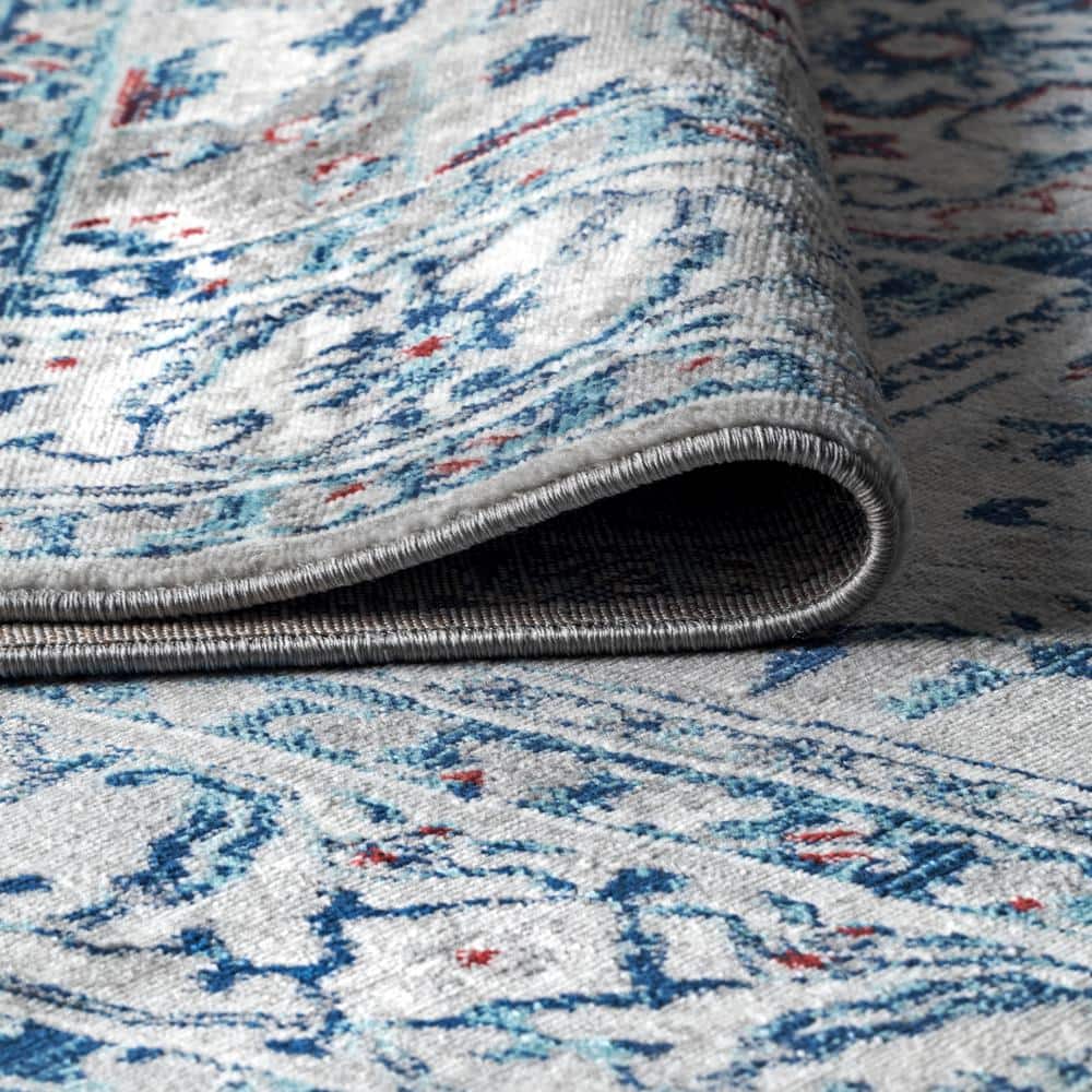 Light Gray and Blue Synthetic Vintage Medallion Rug