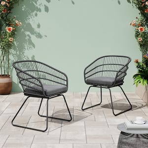 Nexus Outdoor Patio Cushioned Dining Chairs, PE Rattan, Iron, Black and Grey, Set of 2