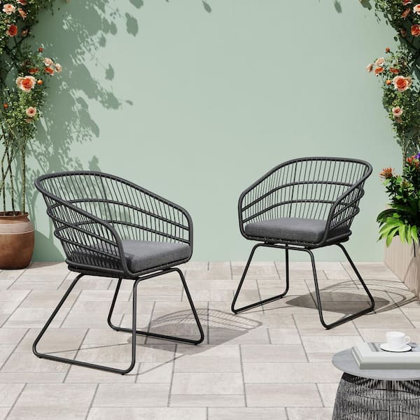 CHRISTOPHER KNIGHT HOME Nexus Outdoor Patio Cushioned Dining Chairs, PE Rattan, Iron, Black and Grey, Set of 2