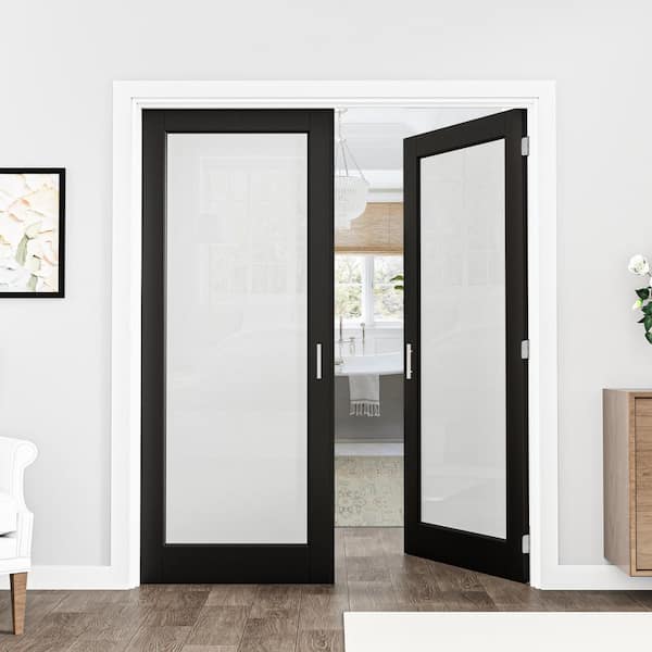64 in., x 80 in., (Double 32 in.) 1-Lite Frosted Glass Black Solid Core Wood French Doors Interior Door Slab+ Ball Catch