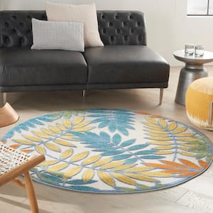 Aloha Ivory/Multi 5 ft. x 5 ft. Round Floral Contemporary Indoor/Outdoor Patio Area Rug