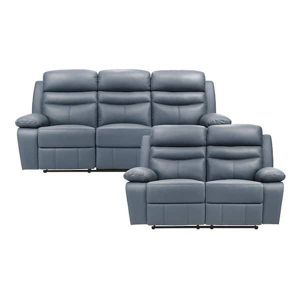 Edelia 86.5 in. W Pillow Arm Leather Rectangle 2-Piece Manual Double Reclining Sofa Set in Blue