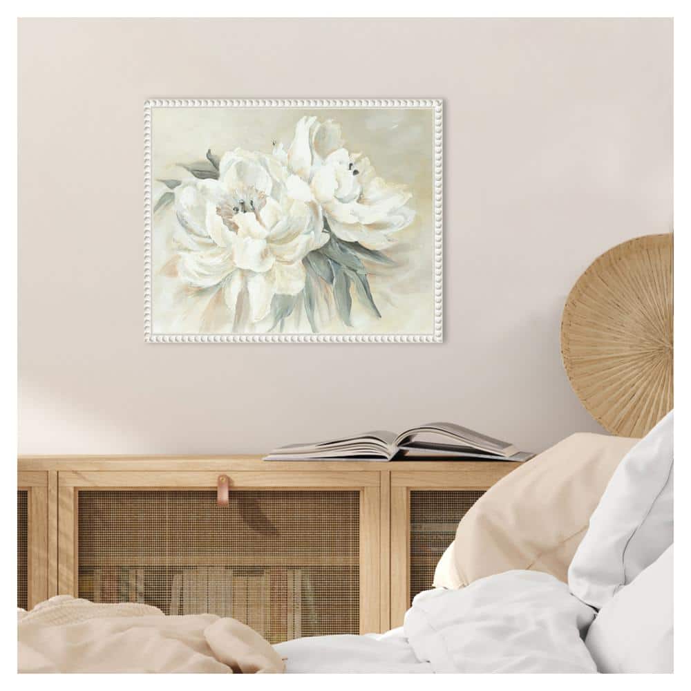 White Floral Beaded Frame Canvas Wall Art