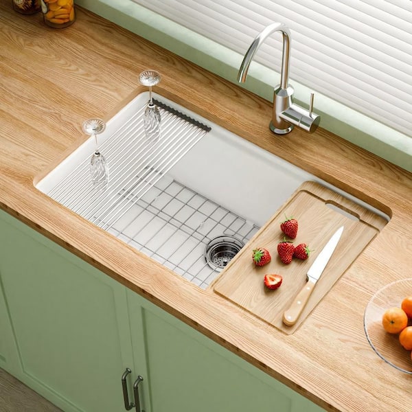Workstation Kitchen Sink 30 in. Drop-in Single Bowl White Fireclay Kitchen Sink with Cutting-Board and Bottom Grid Drain
