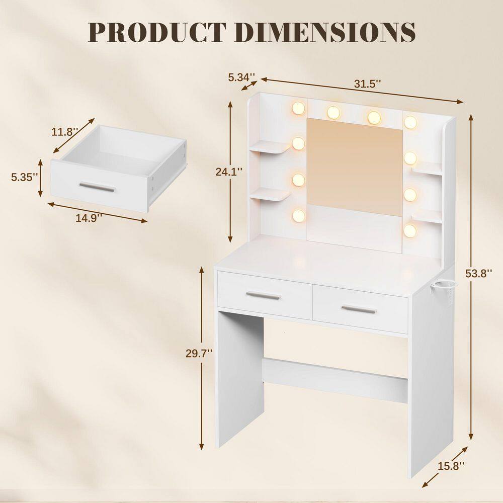 Makeup Vanity Sets with Mirror and Power Outlet, Dressing Table Sets with 2-Drawers, 4-Storage Shelves and Bench, White - thumbnail 4