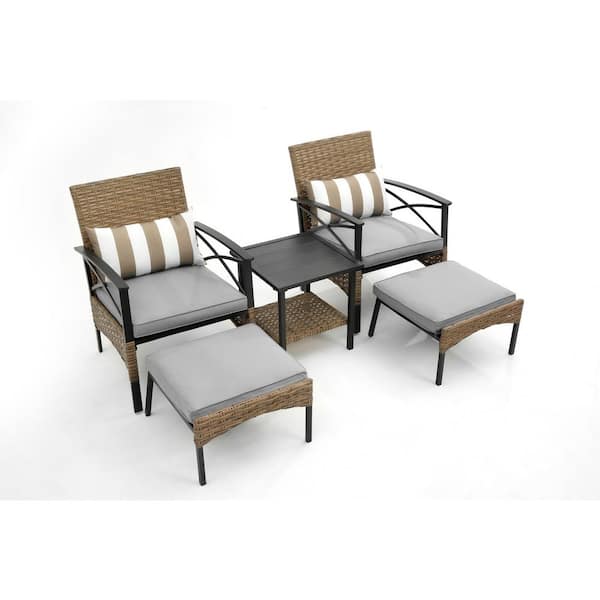 Sudzendf 5-Piece Wicker Patio Conversation Set with Gray Cushions