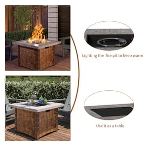 34.5 in. 5-Piece Metal Patio Fire Pit Set Fire Pit Table and Gray Adirondack Chairs with Cup Holder and Umbrella Holder
