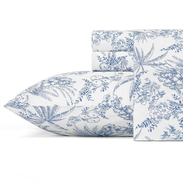 Pen and Ink Palm 4-Piece Indigo Blue Cotton King Sheet Set