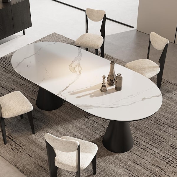 Monland Modern Oval White Composite Rock Stone Top for Kitchen 55.12 in. Black Fiberglass Double Pedestal Dining Table 4-Seats