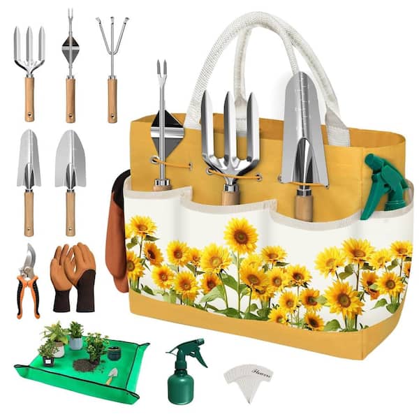 Unbranded 15.8 in. Garden Tool Set with Stainless Steel Hand Tools and  Yellow Sunflower Tote 22-Piece GSL385