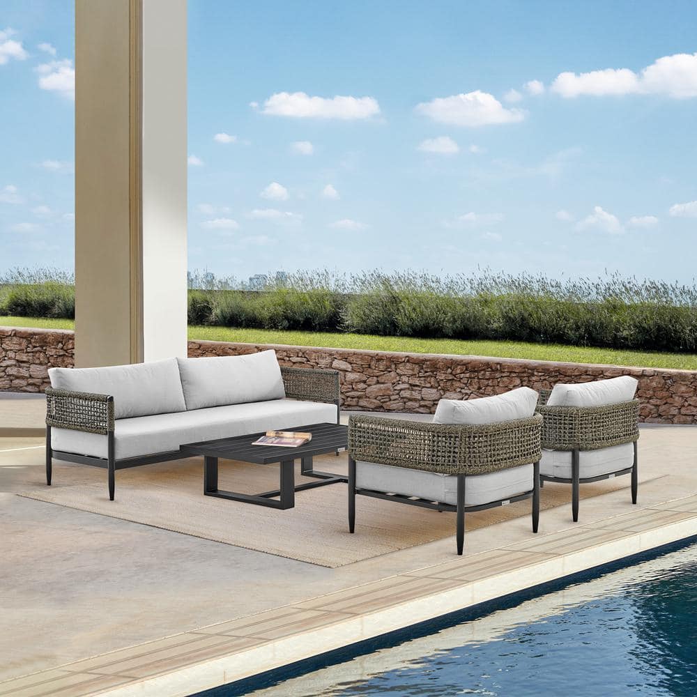 Alegria Black Aluminum and Rope Outdoor Chair with Gray Cushions