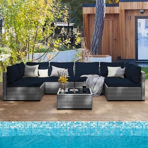 Gray 7-Piece Wicker Patio Conversation Set with Navy Blue Cushions
