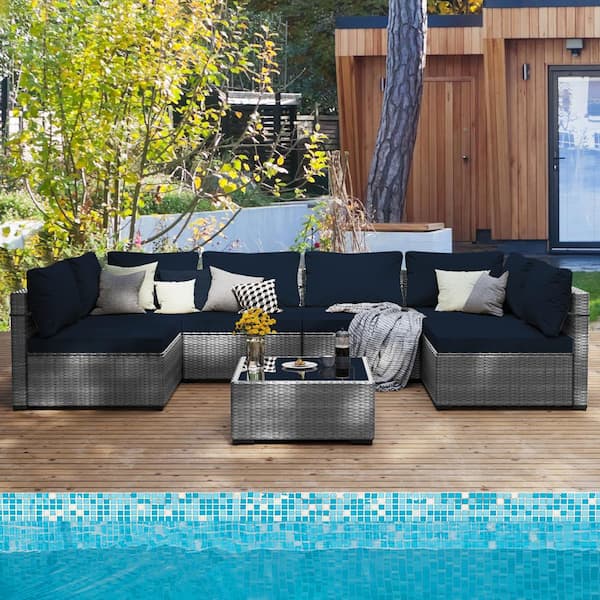 UPHA Gray 7-Piece Wicker Patio Conversation Set with Navy Blue Cushions